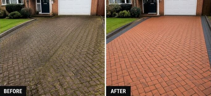 Before and after of a Lincolnshire block-paved driveway pressure washed by L.A. Exterior Cleaning