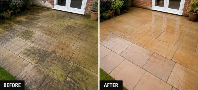 Before and after of a Lincolnshire natural stone patio cleaned by L.A. Exterior Cleaning